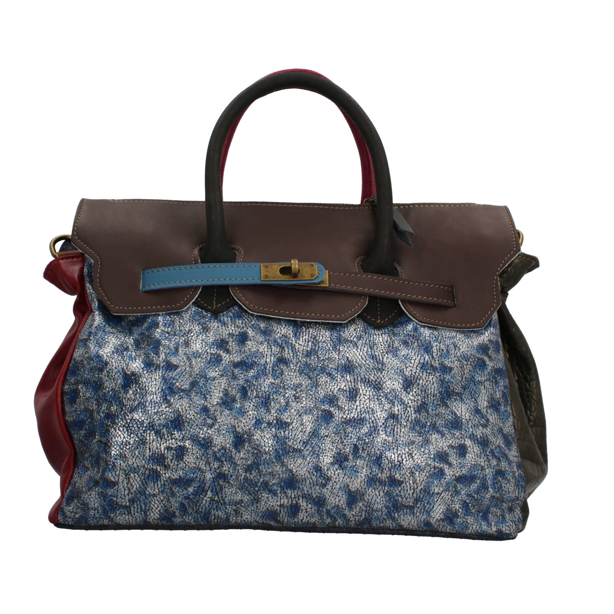 Borsa a mano Made in Italy con patta effetto metallizzato e stampa artistica BLU-GRI TU | Giò Fashion
