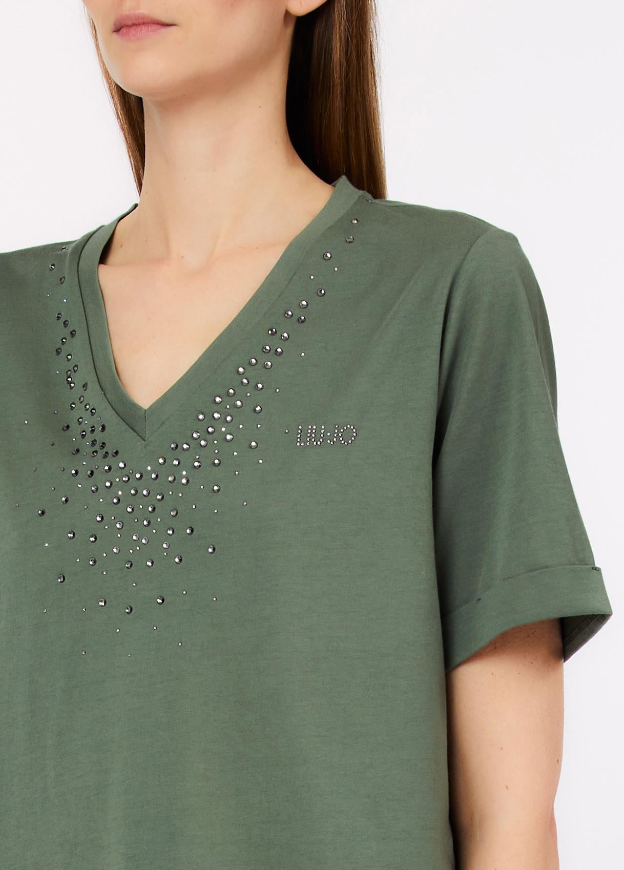 T shirt Liu Jo donna con scollo a V e applicazioni luminose Nero S | Giò Fashion