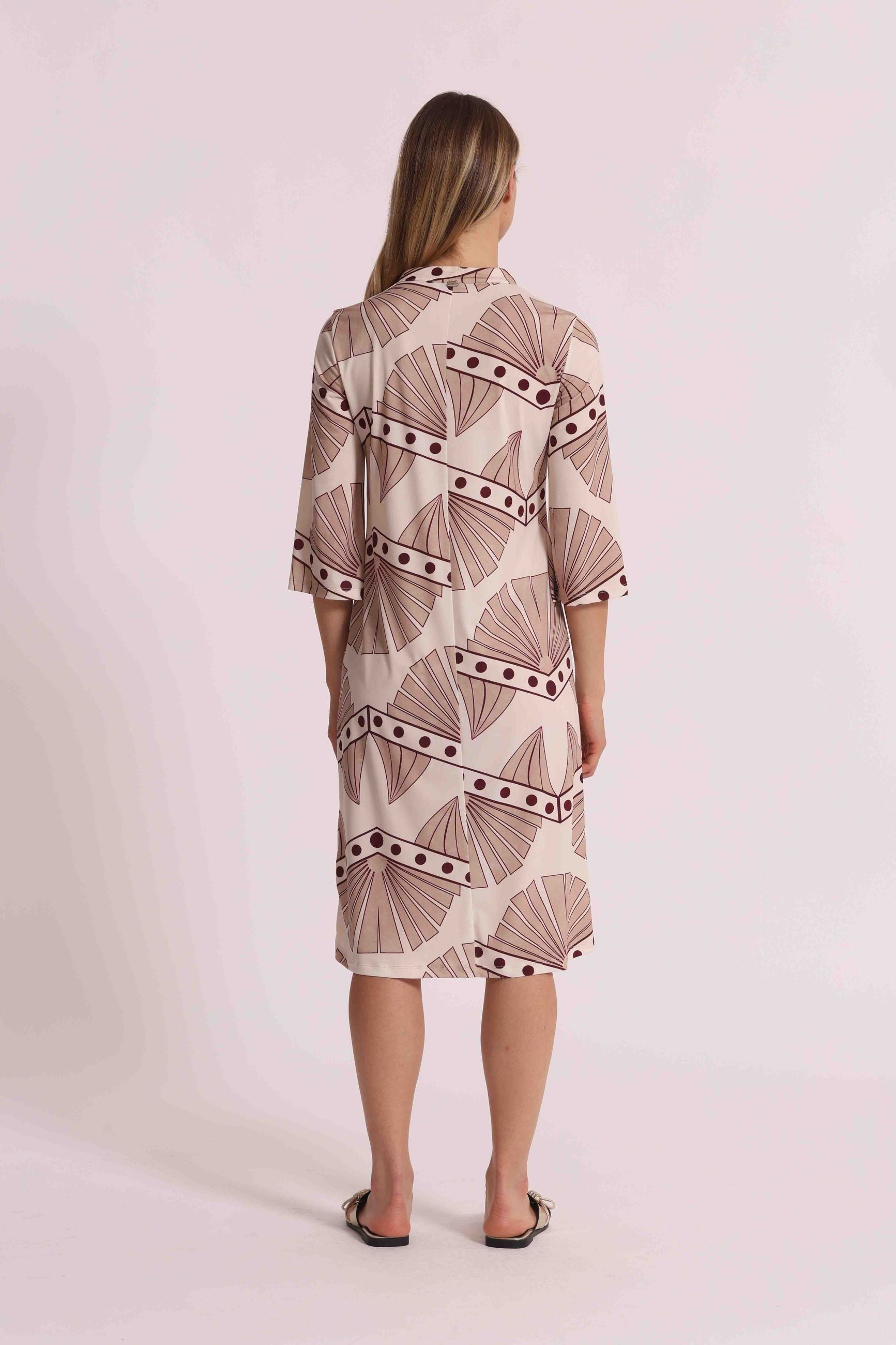 Abito donna Mimi Mua fantasia geometrica con scollo a V e maniche tre quarti PANNA S | Giò Fashion