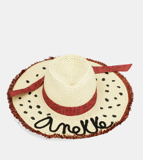 Cappello di paglia Anekke con dettagli ricamati e fascia decorativa