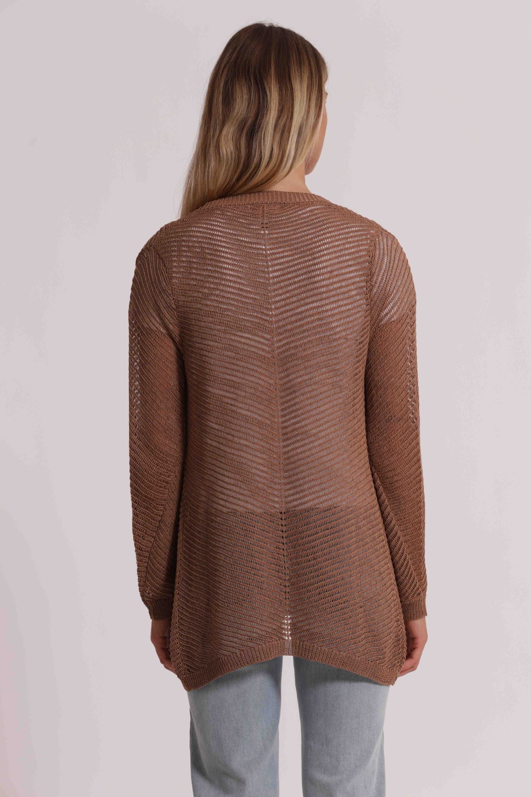 Mimi Mua cardigan donna lungo traforato aperto stile leggero Cammello S | Giò Fashion
