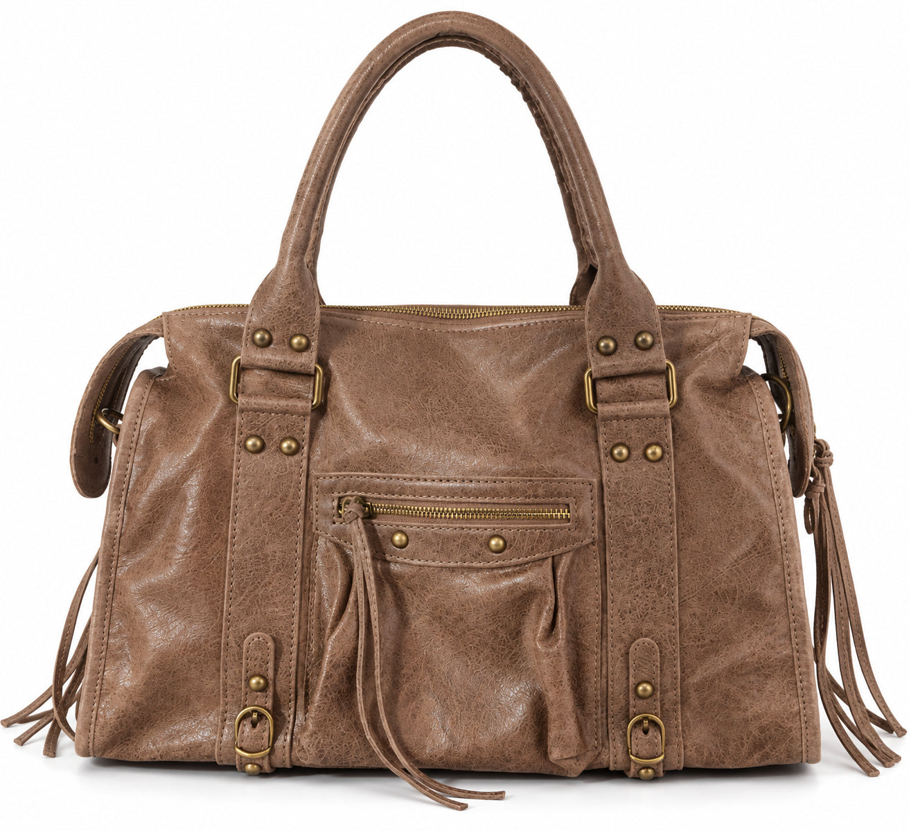 Borsa a Mano in Pelle Effetto Vintage con Borchie e Tracolla