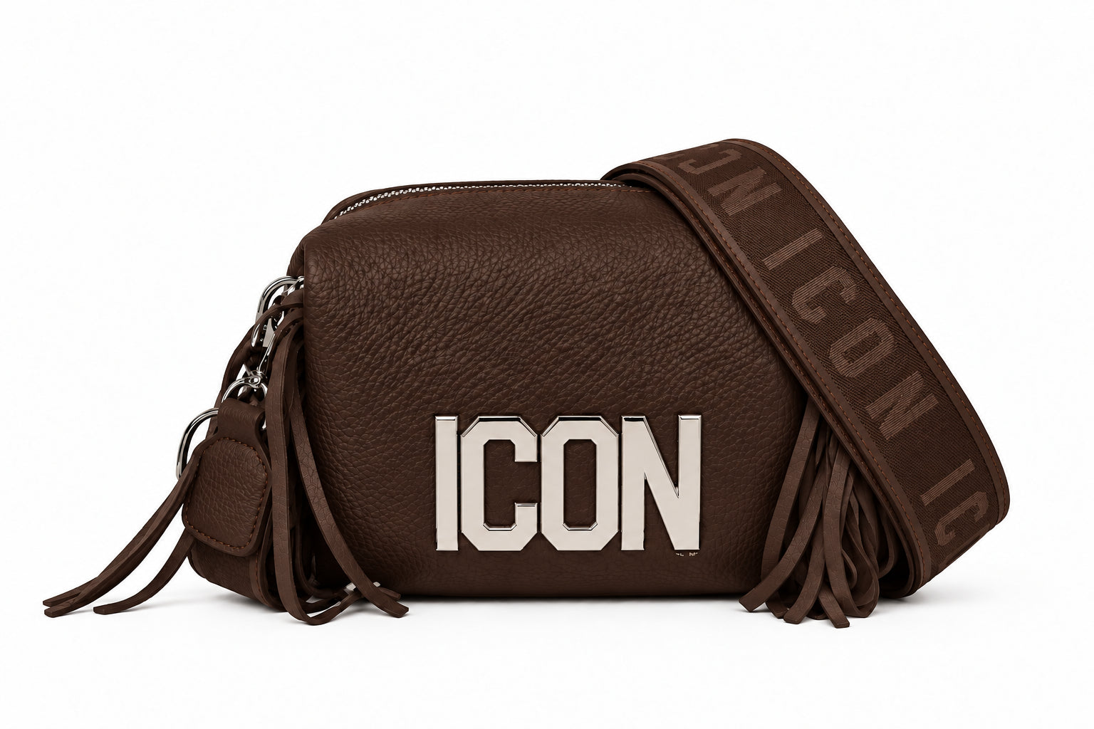 Borsa a tracolla con frange e logo metallico