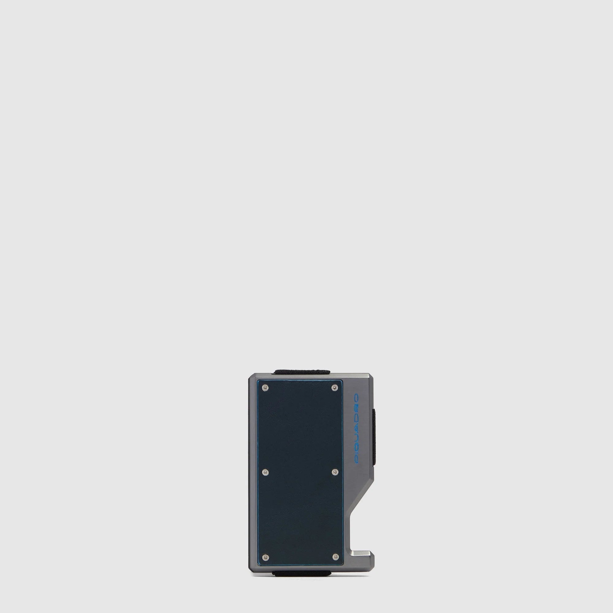 Piquadro Portacarte di Credito MagSafe in Pelle e Alluminio Blue Square Nero con Fascia Elastica e Protezione RFID