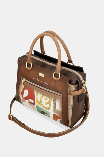 Borsa a mano Anekke con tracolla removibile e stampa artistica frontale Marrone TU | Giò Fashion