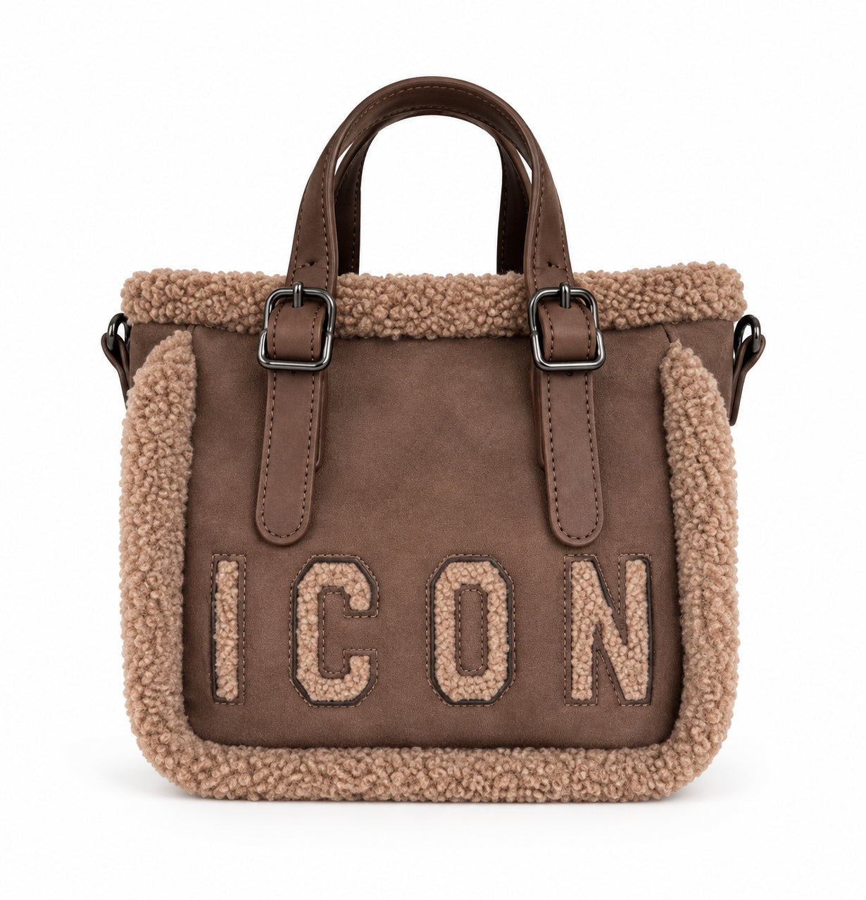 Borsa shopping piccola effetto scamosciato con bordi teddy