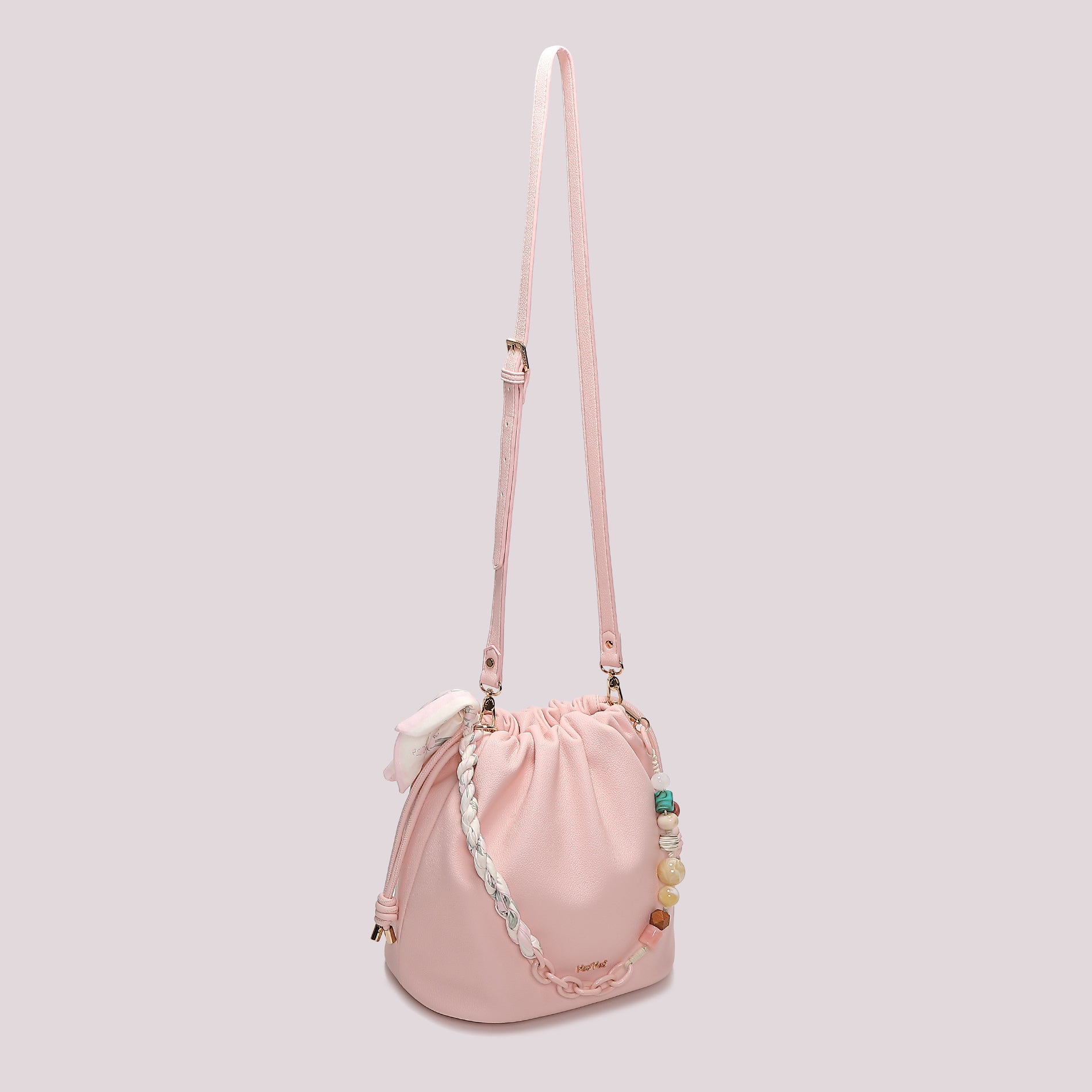 Borsa tracolla Mimi Mua a secchiello con coulisse e charm decorativi Rosa TU | Giò Fashion