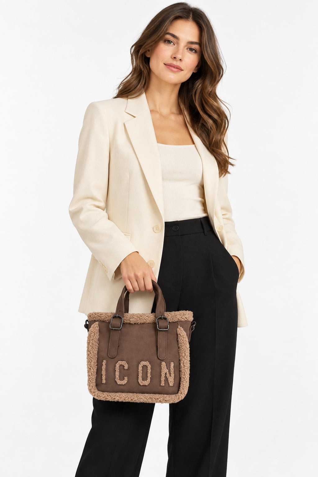 Borsa shopping piccola effetto scamosciato con bordi teddy
