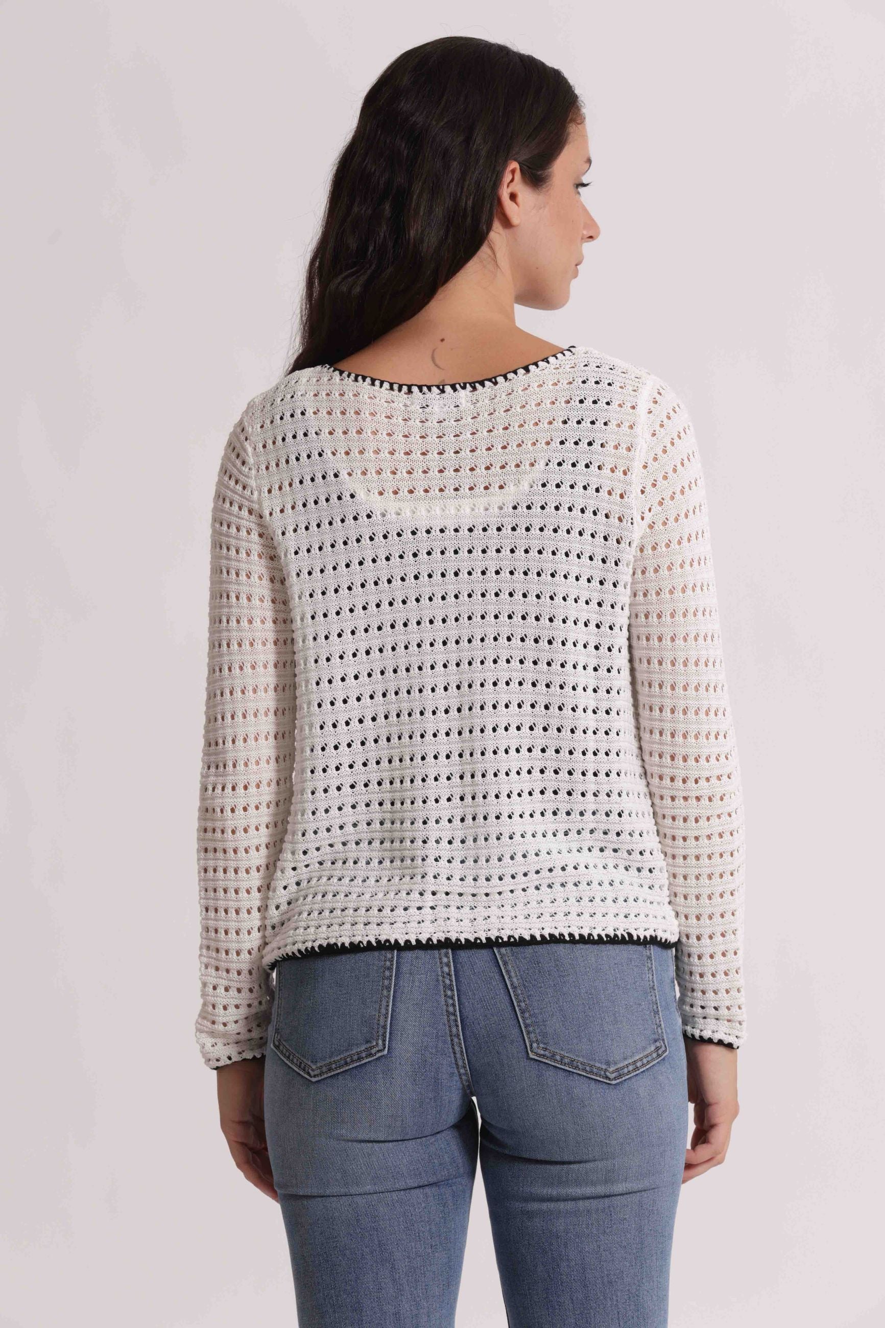 Mimi Mua cardigan donna traforato con profili a contrasto elegante PANNA/NERO S | Giò Fashion