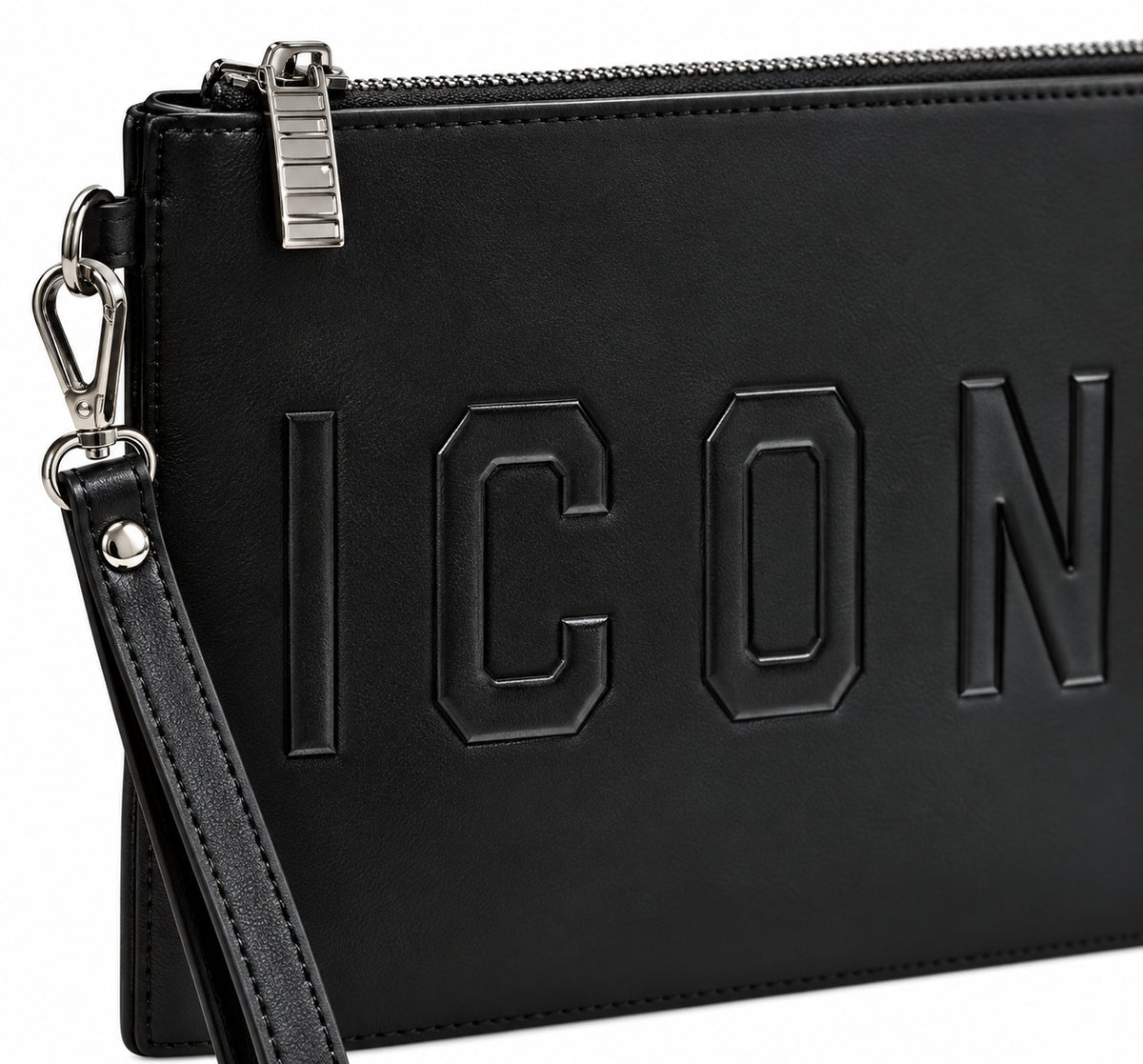 Pochette nera con logo in rilievo e laccetto da polso