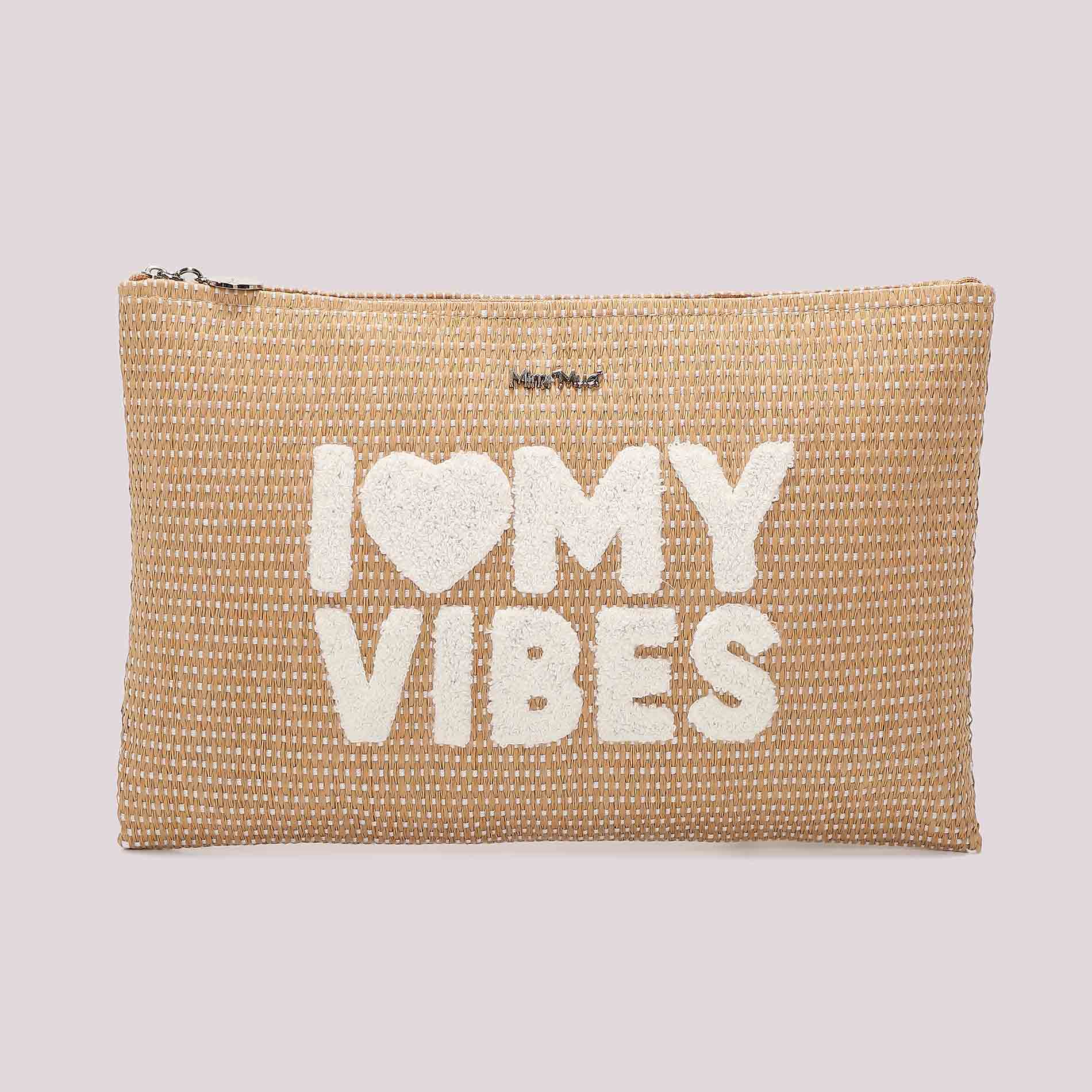 Mimi Mua pochette mare I Love My Vibes in tessuto intrecciato
