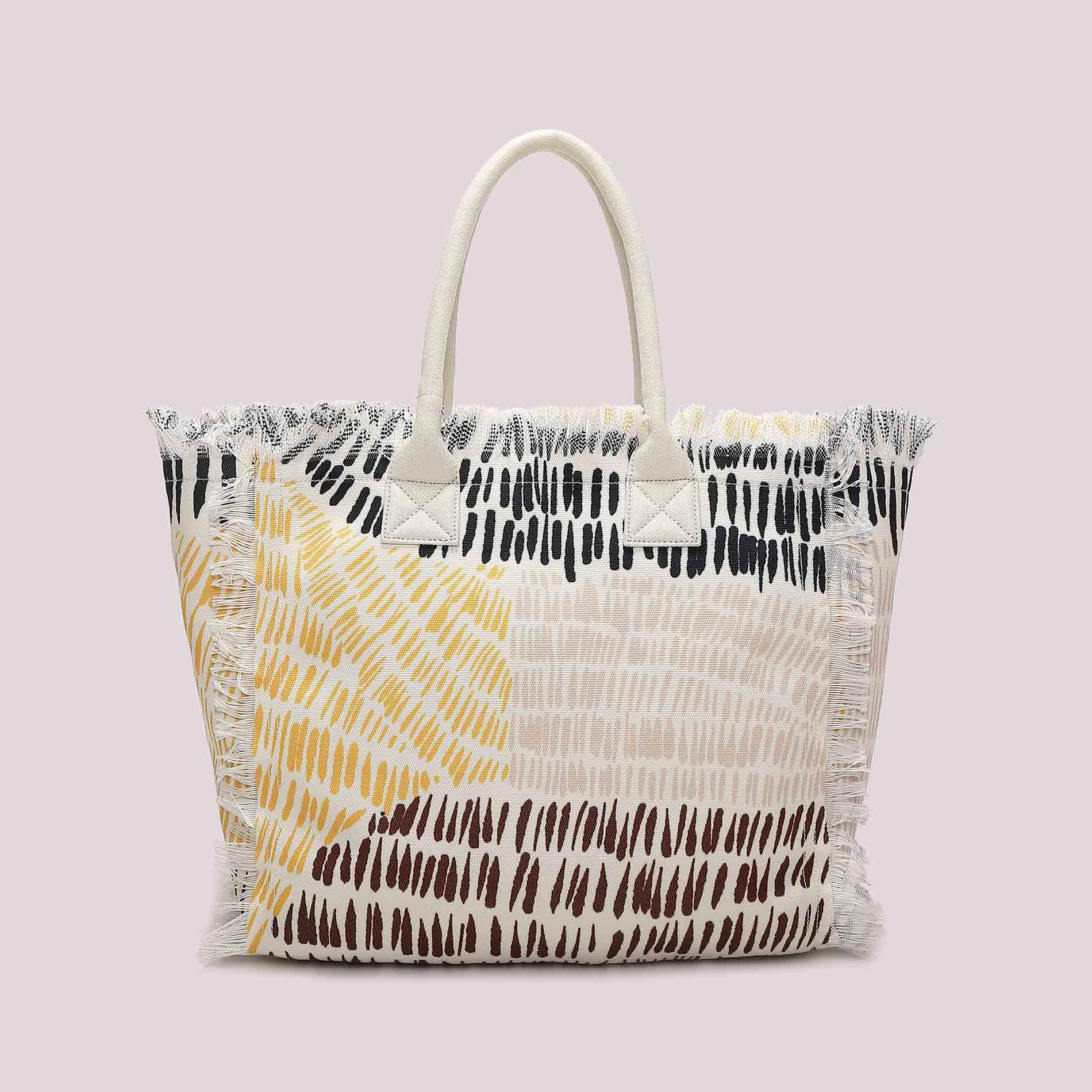 Borsa shopping donna Mimi Mua Firenze in tessuto con stampa e frange laterali MARRONE/OCRA TU | Giò Fashion