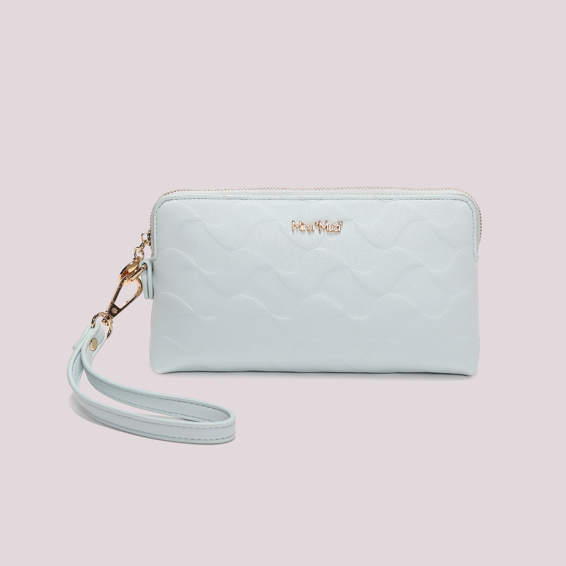 Portafoglio donna Mimi Mua con zip e laccetto da polso design moderno CELESTE TU | Giò Fashion