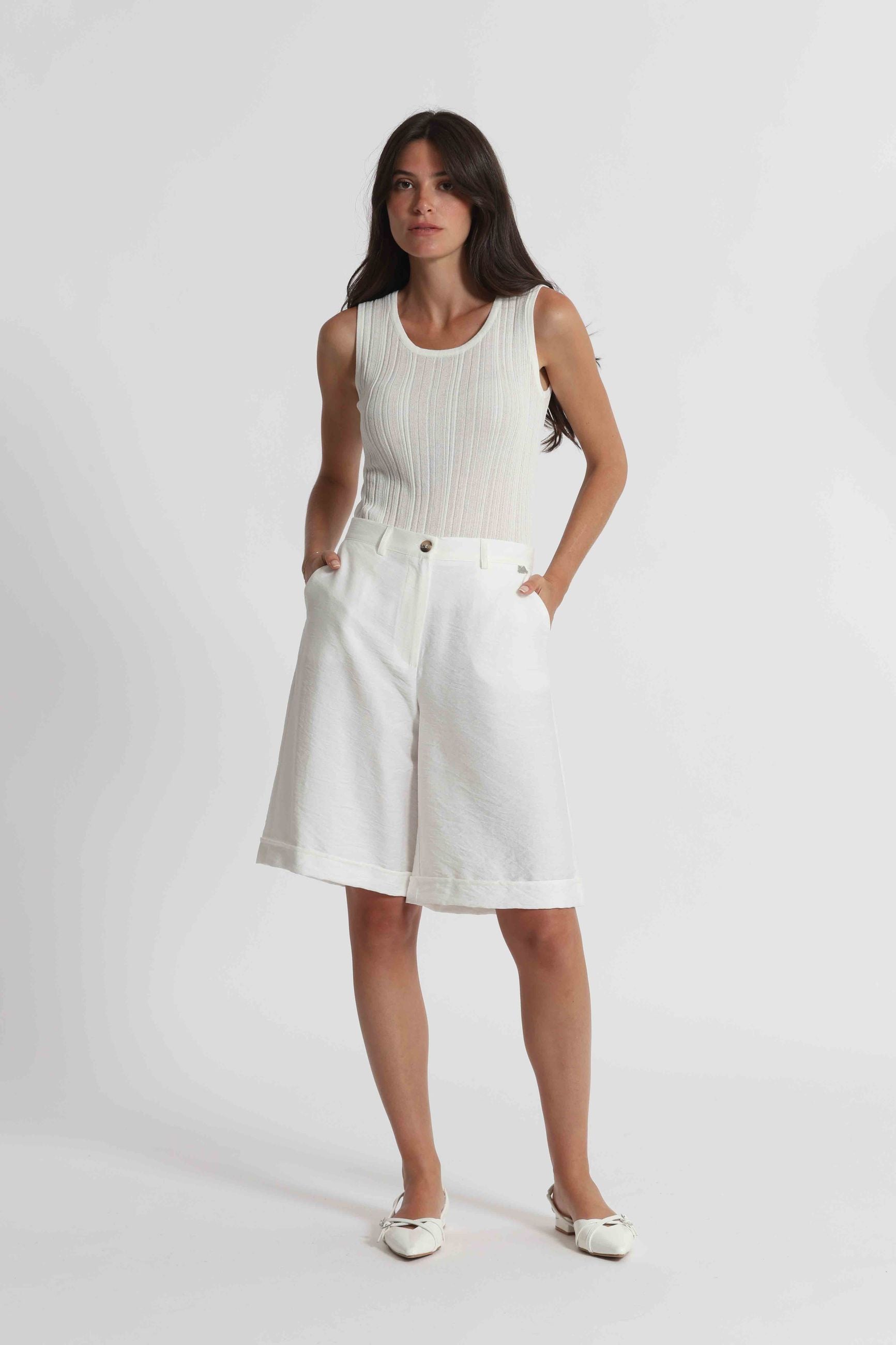 Mimi Mua bermuda donna eleganti a vita alta con tasche Bianco S | Giò Fashion