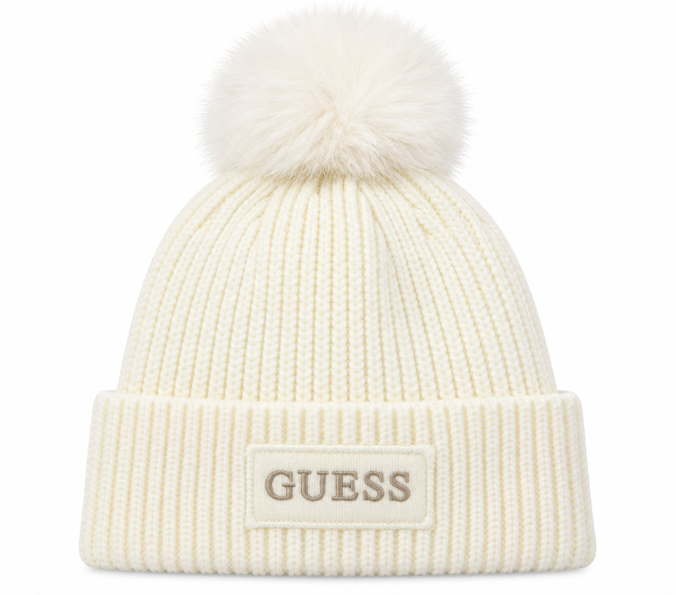 Cappello in Maglia a Coste con Pompon e Logo Frontale