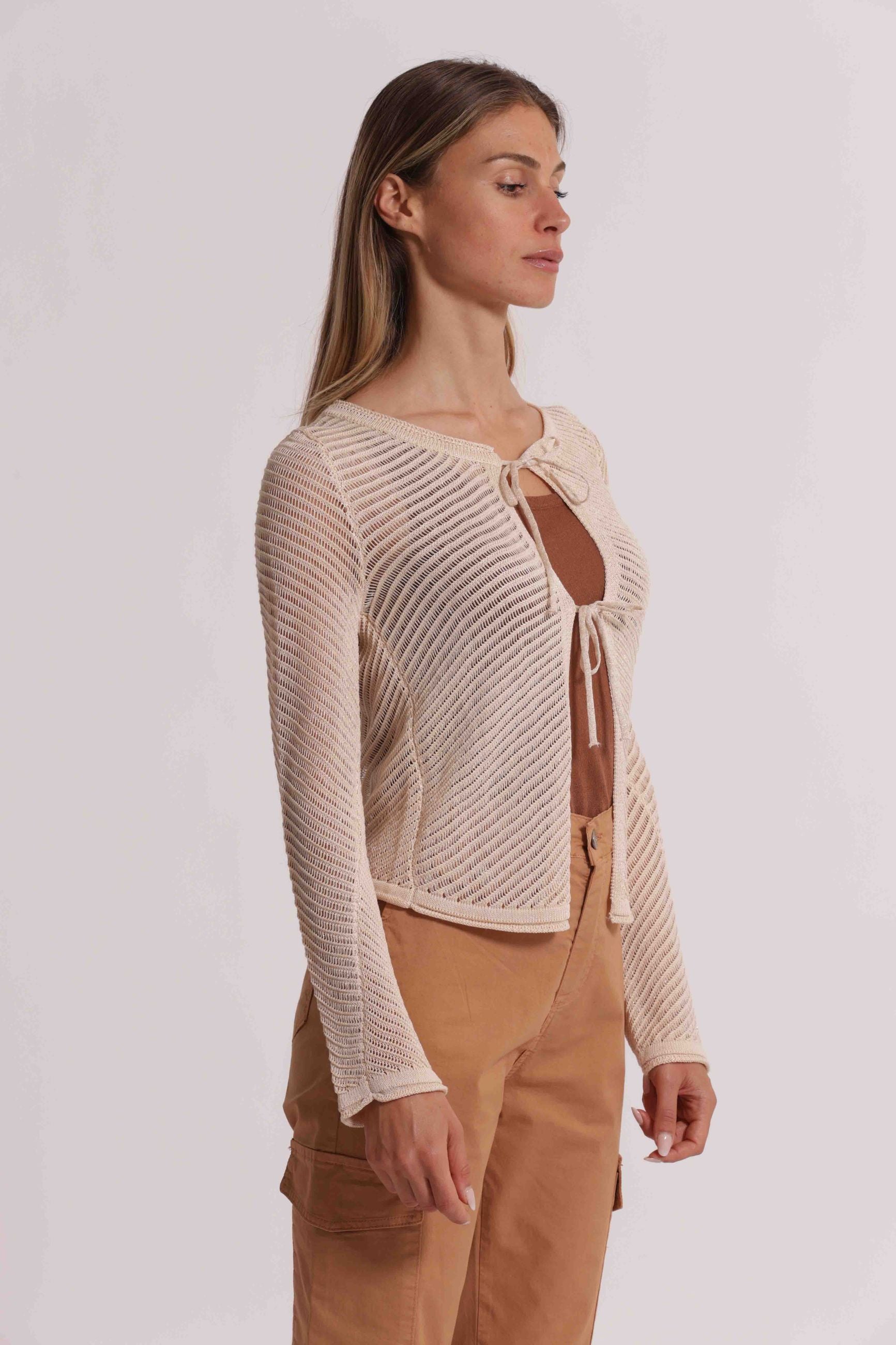 Mimi Mua cardigan donna traforato con lacci frontali stile leggero Rosa L | Giò Fashion