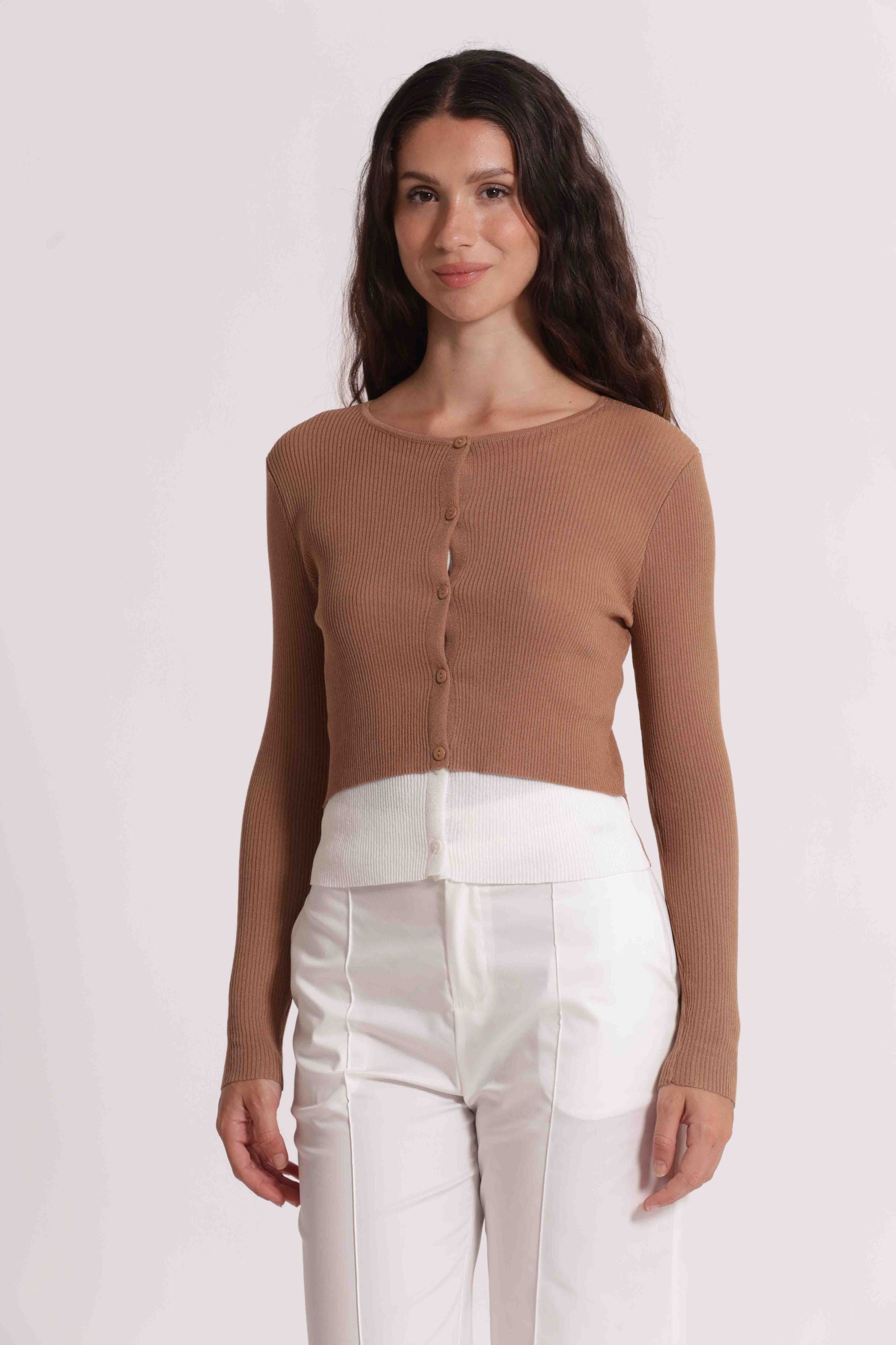 Mimi Mua cardigan donna corto in maglia a coste con bottoni CAMMELLO/PANNA S | Giò Fashion