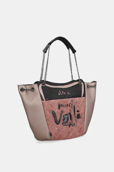 Borsa shopper Anekke con manici a catena e scritta Voilà
