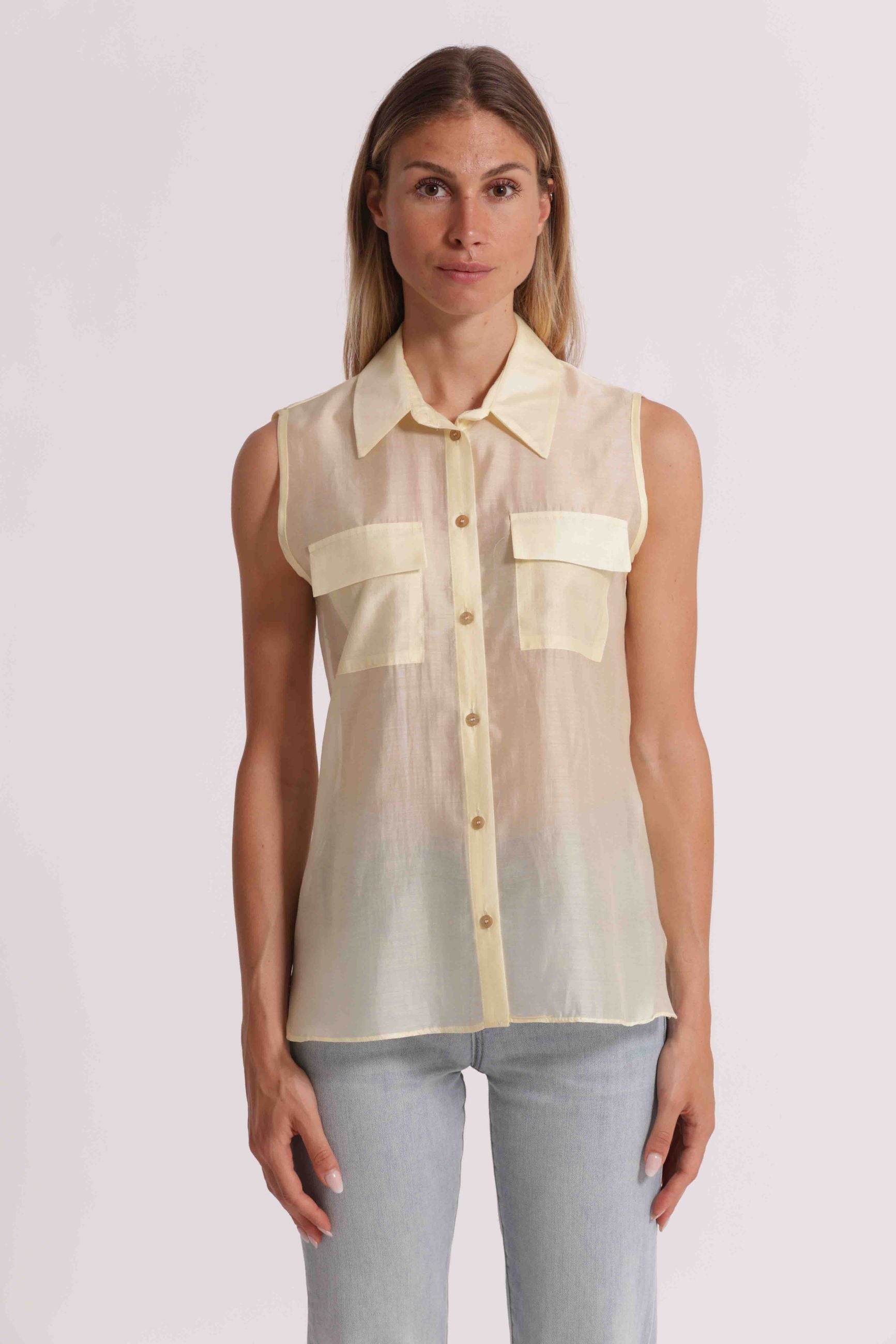 Mimi Mua camicia donna smanicata fluida con tasche frontali elegante Bianco L | Giò Fashion