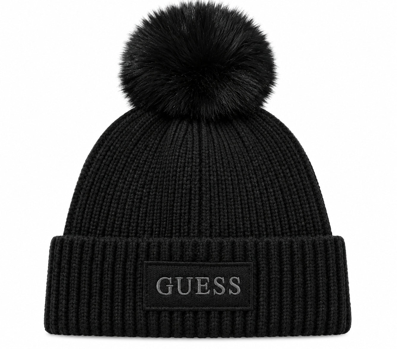 Cappello in Maglia a Coste con Pompon e Logo Frontale