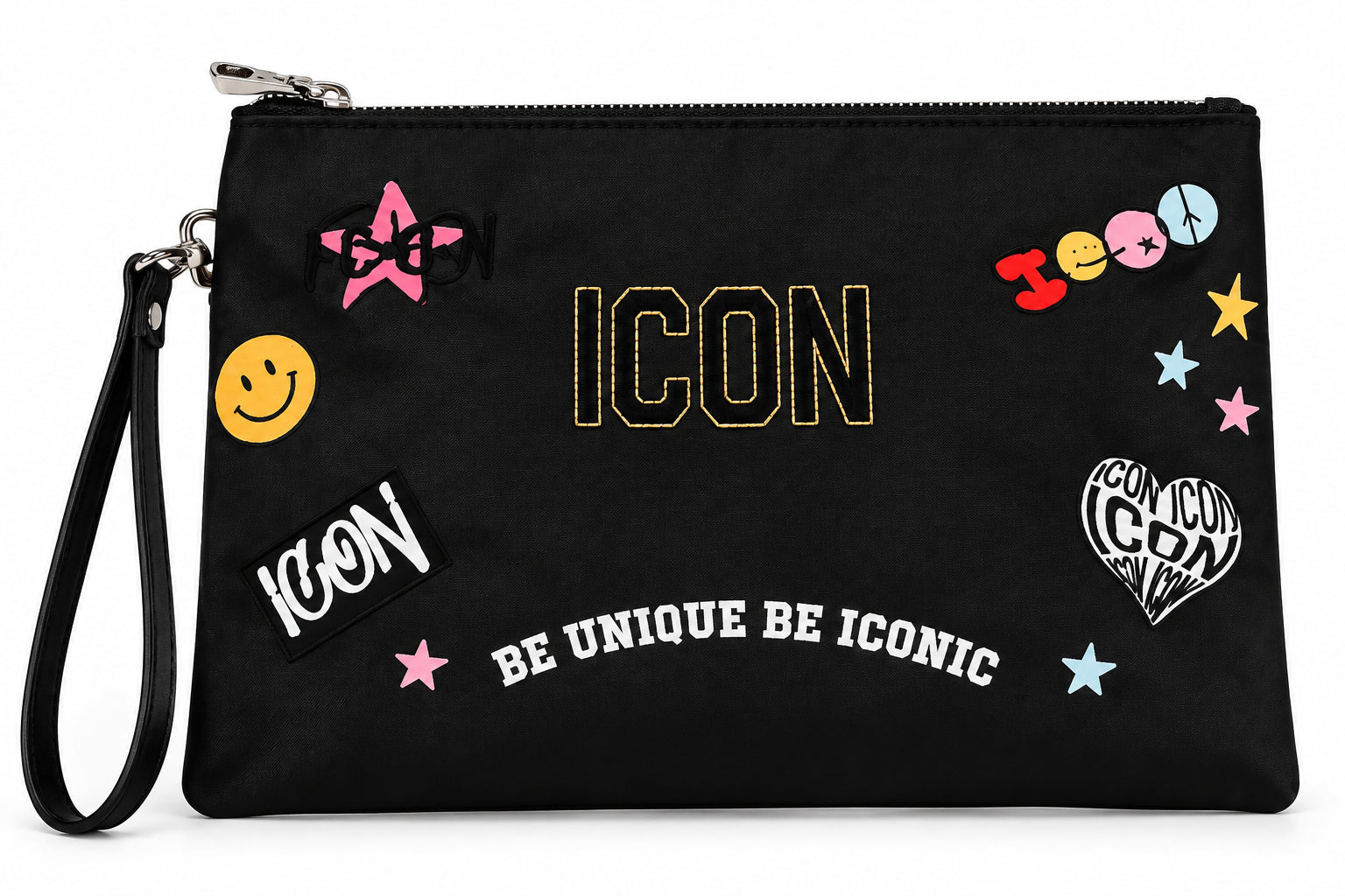 Pochette piatta nera con grafiche multicolore e laccetto da polso