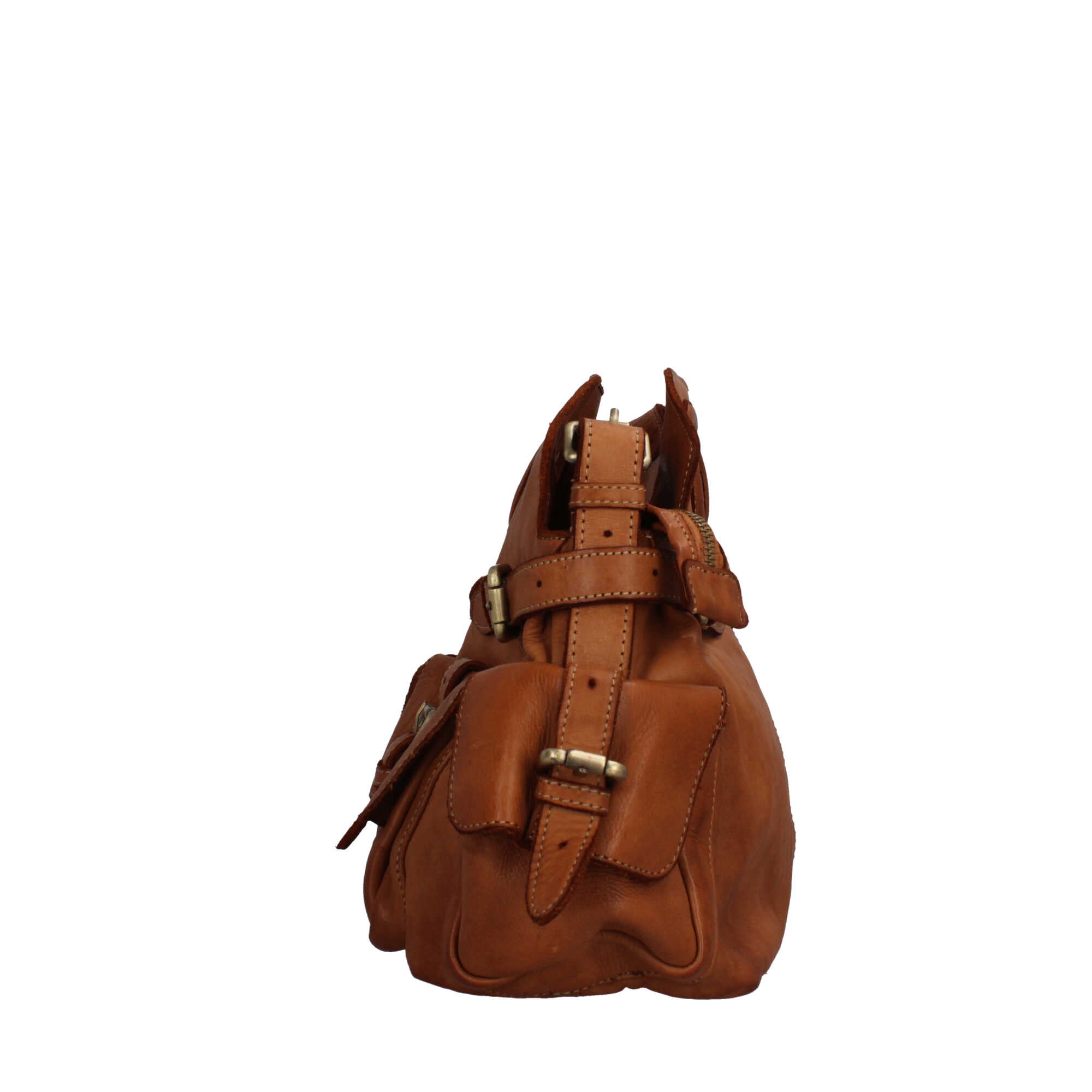 Borsa in pelle con tasche frontali e manico rigido