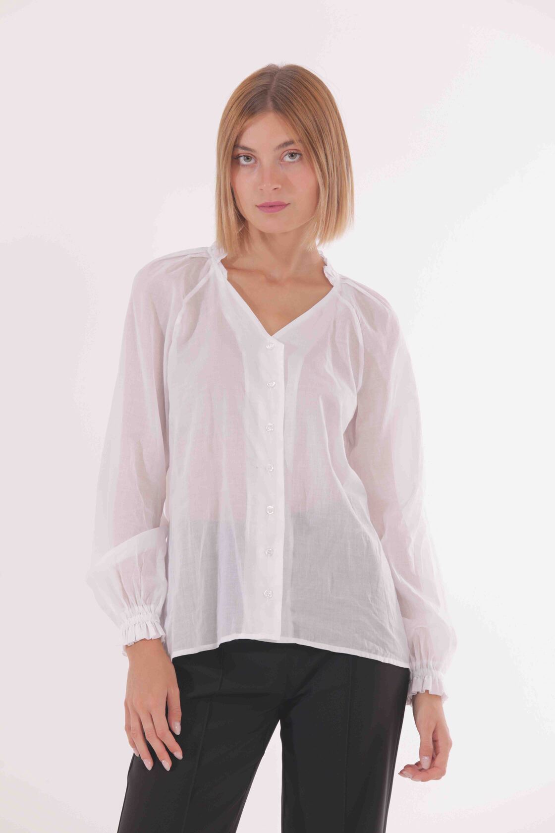 Camicia over con rouches su collo in mussola di cotone Mim&igrave; Mu&agrave;