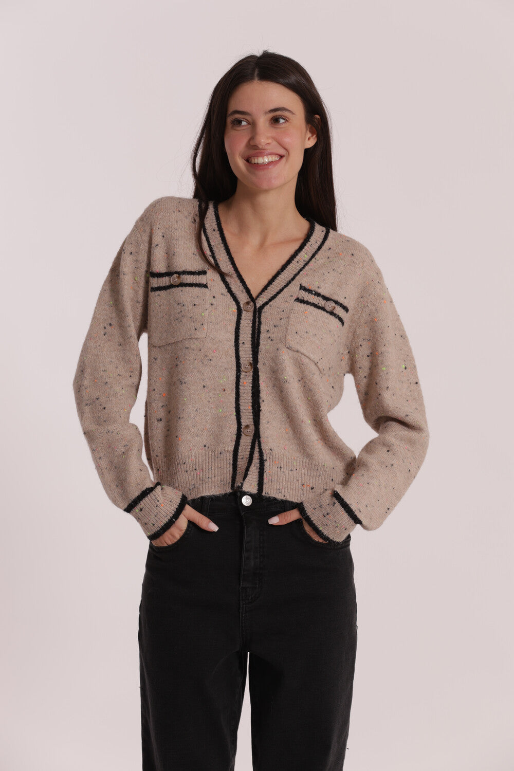 Cardigan Mimi Mua con bottoni e dettagli a contrasto Beige XS | Giò Fashion