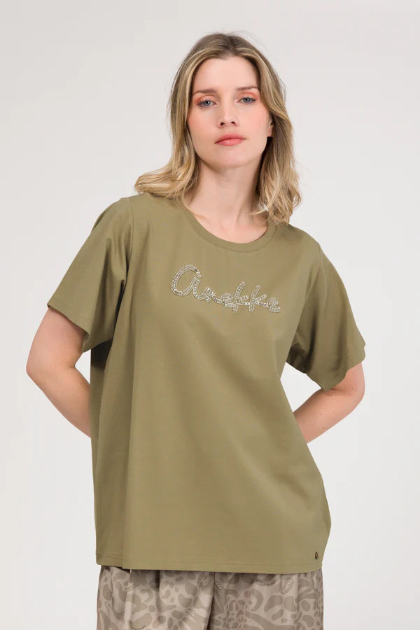 Anekke t shirt donna con logo decorativo frontale stile casual chic Verde S/M | Giò Fashion