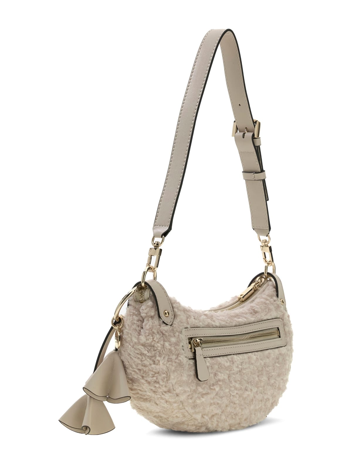 Borsa a Spalla Guess Effetto Teddy con Charm Decorativi e Zip