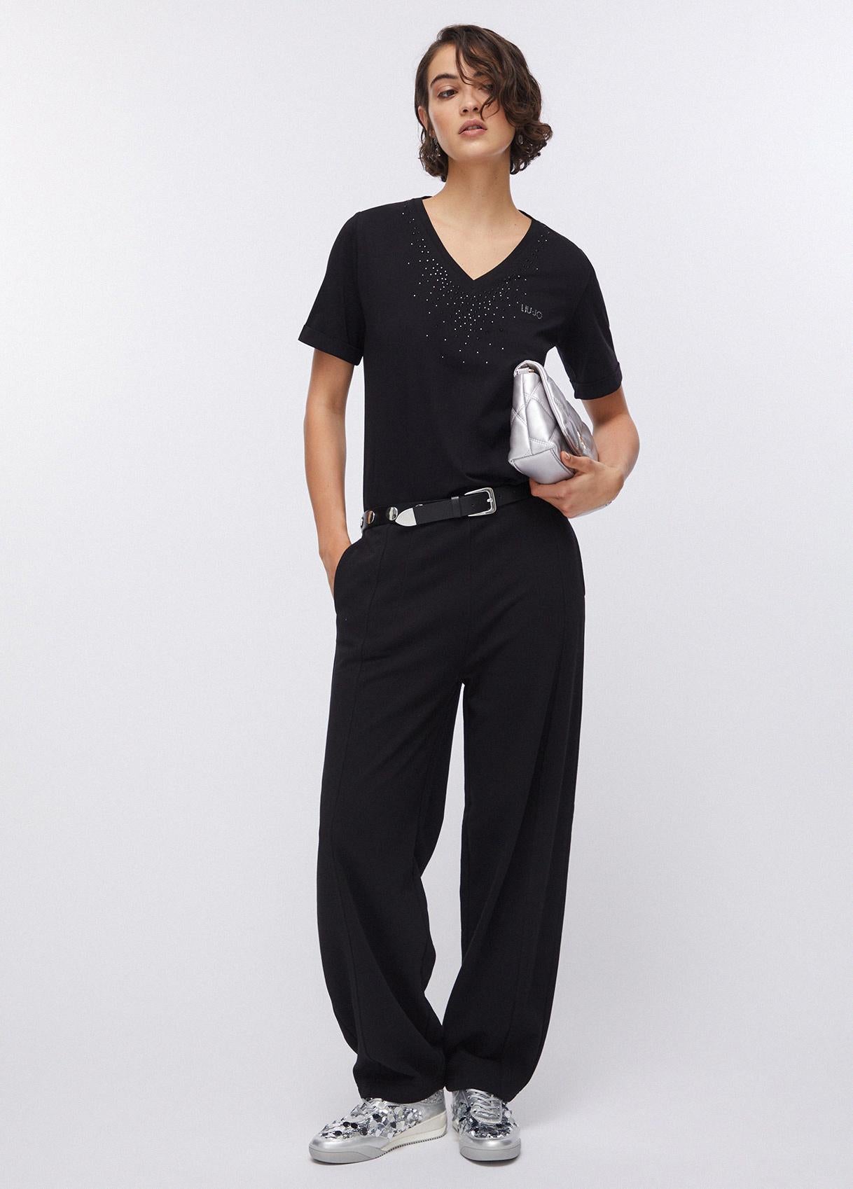 T shirt Liu Jo donna con scollo a V e applicazioni luminose Militare S | Giò Fashion