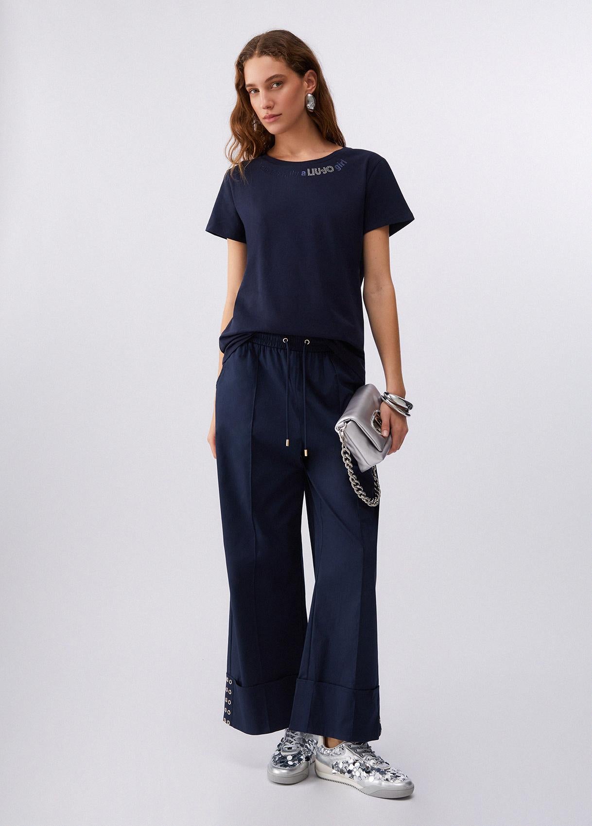 T shirt Liu Jo donna con logo frontale e ricamo signature Blu Notte S | Giò Fashion