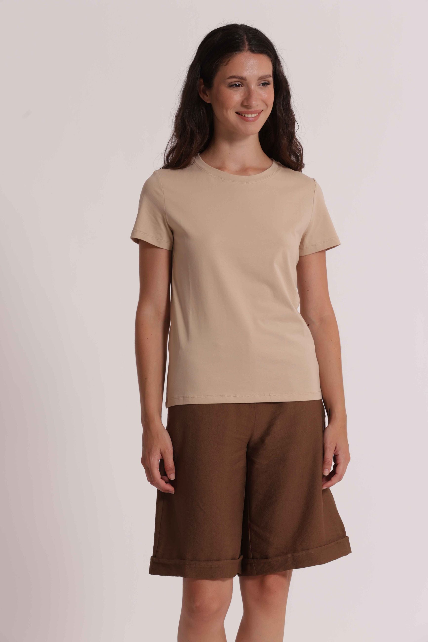 T shirt donna tinta unita design essenziale stile versatile Cammello XXL | Giò Fashion