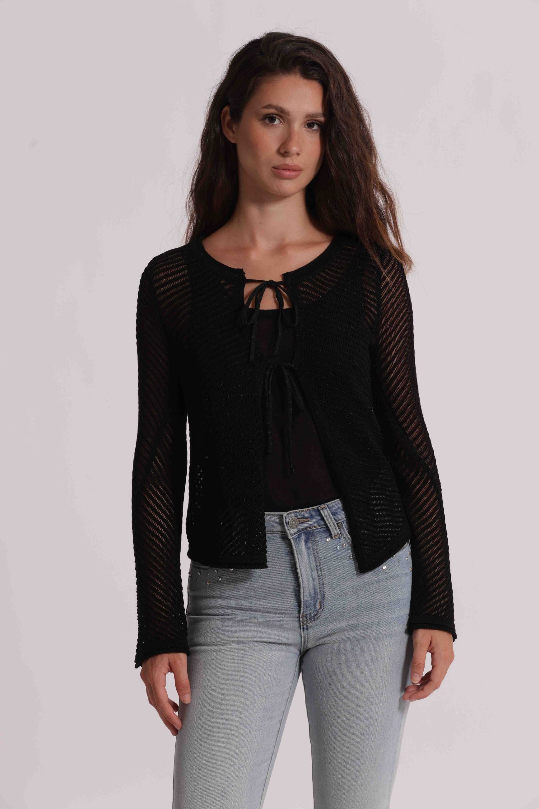 Mimi Mua cardigan donna traforato con lacci frontali stile leggero Nero S | Giò Fashion