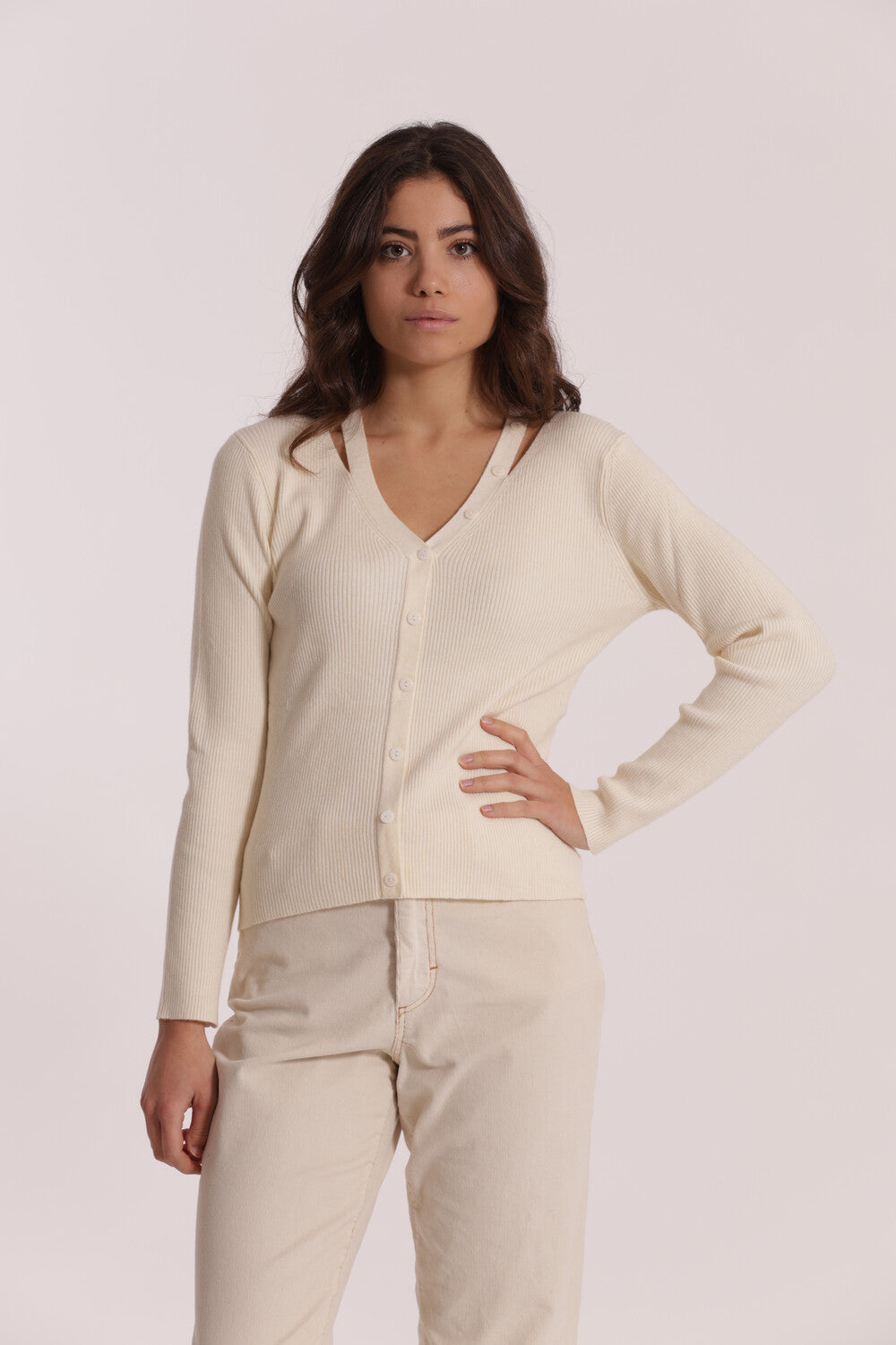 Cardigan Mimi Mua con scollo a V e dettagli cut out Beige XL | Giò Fashion
