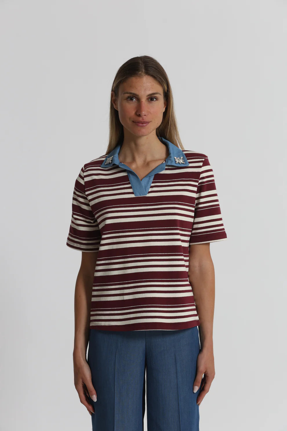 Polo donna a righe con colletto a contrasto stile casual chic BORDEAUX/PANNA XL | Giò Fashion