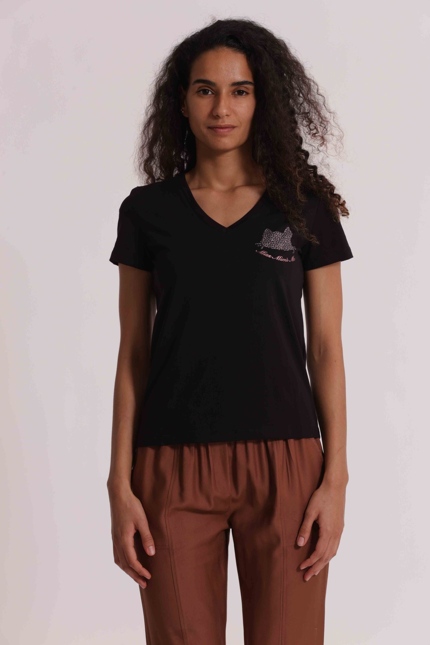 T-shirt donna Mimi Mua con scollo a V e applicazione decorativa frontale Nero S | Giò Fashion