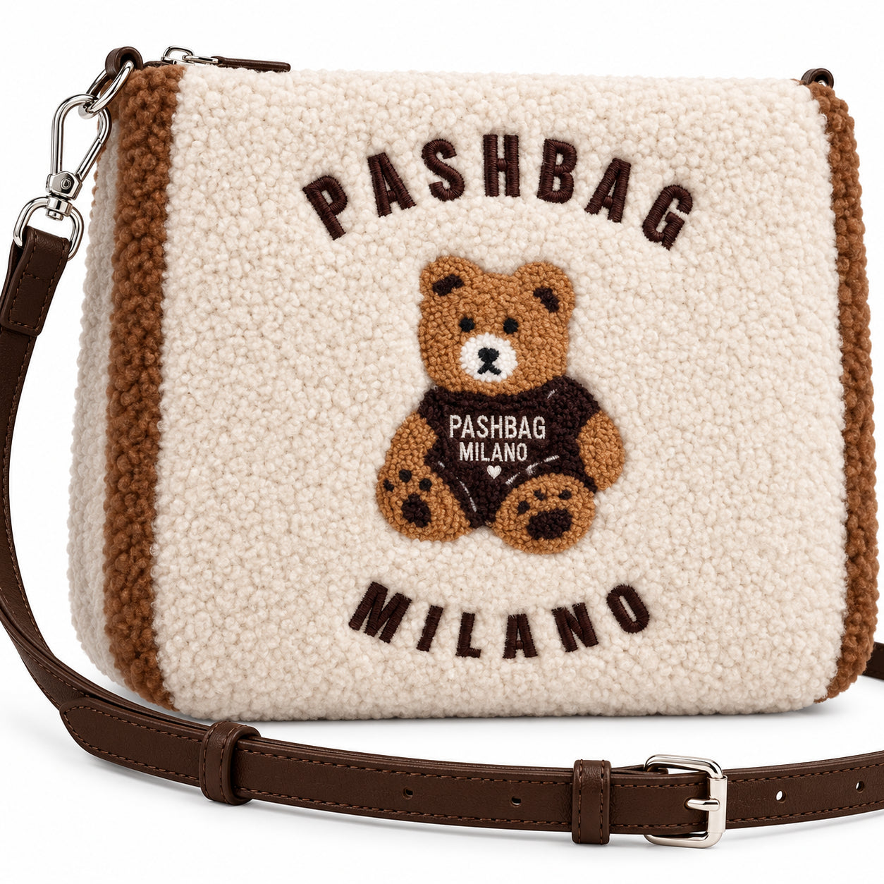 PashBag Borsa a Tracolla Effetto Peluche con Orsetto Ricamato