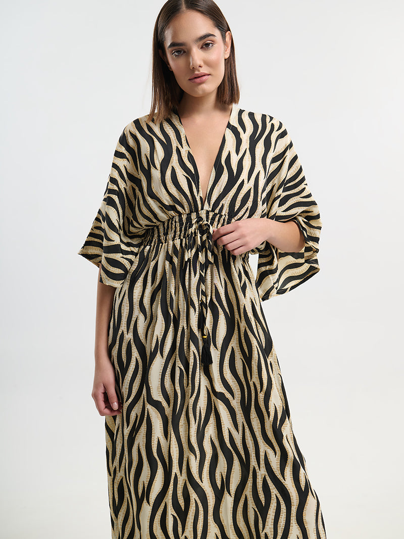 Ble Resort Collection Abito Lungo a Maniche 3/4 con Dettagli Zebrati