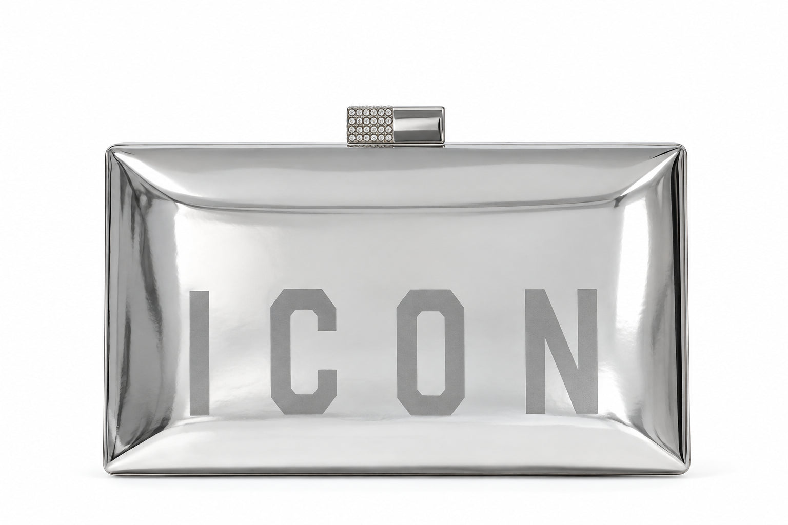 Pochette rigida effetto specchio con logo e chiusura gioiello