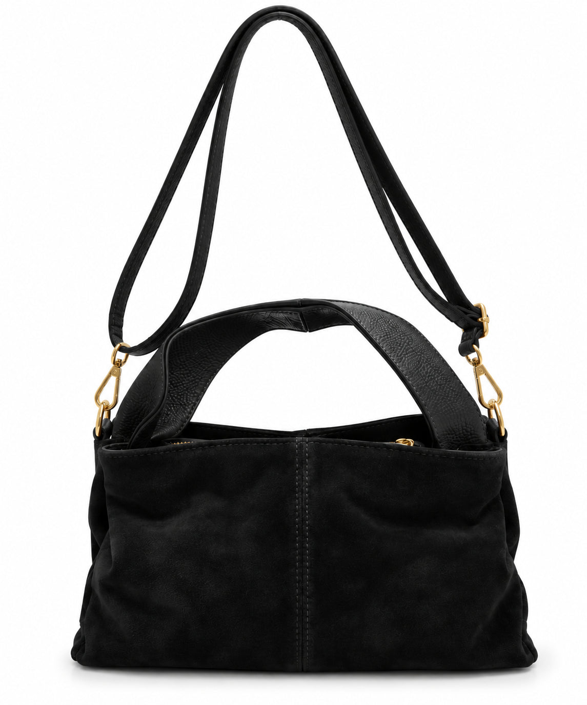 Borsa a Mano Vera Pelle in Camoscio Nero con Manici in Pelle Martellata