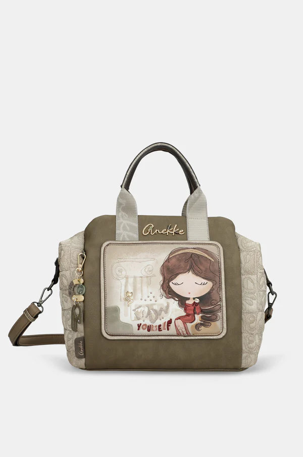 Borsa a mano Anekke con tracolla regolabile e stampa frontale distintiva Beige TU | Giò Fashion