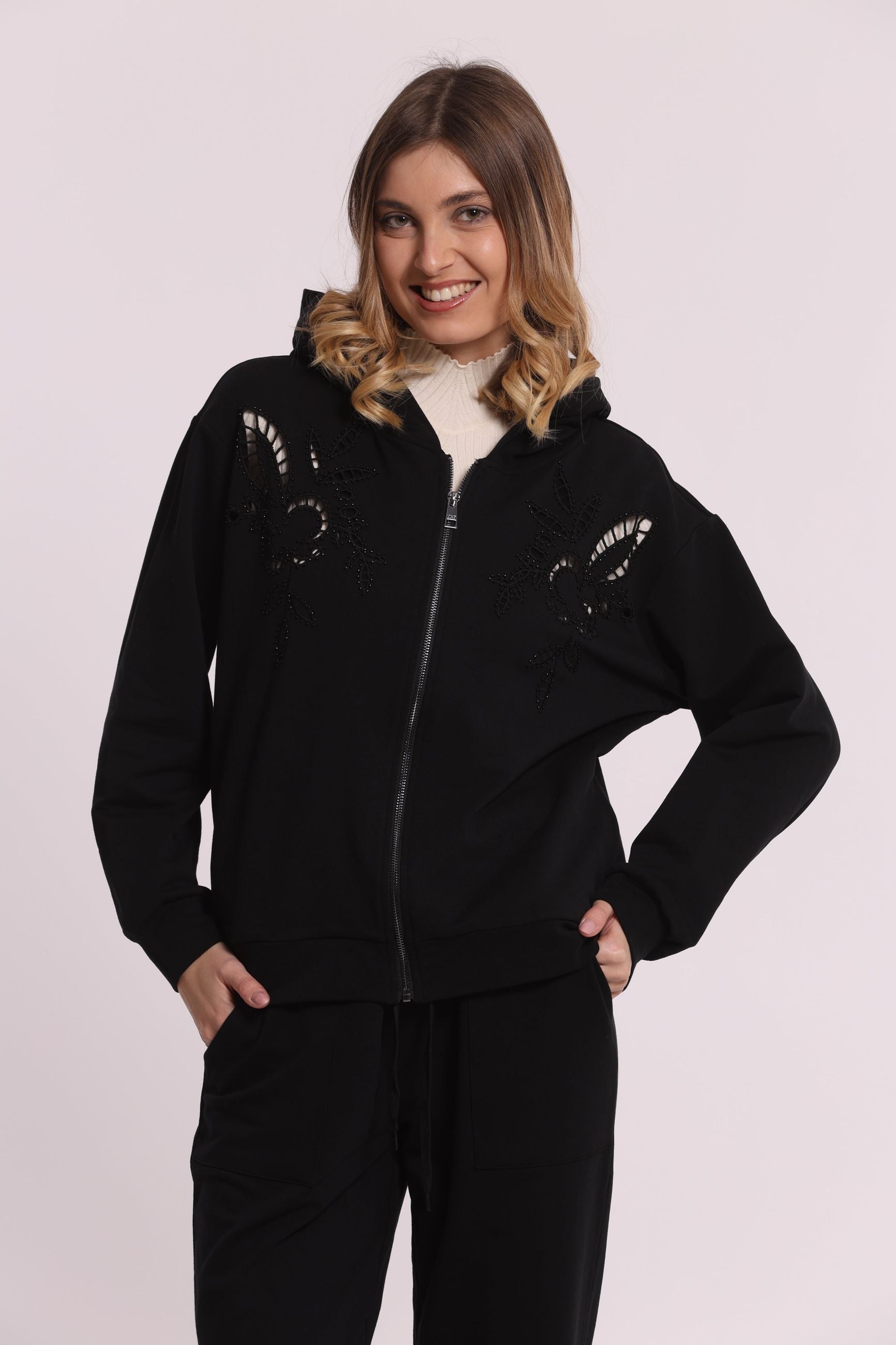 Felpa Donna Mimi Mua con Zip, Dettagli Traforati e Strass