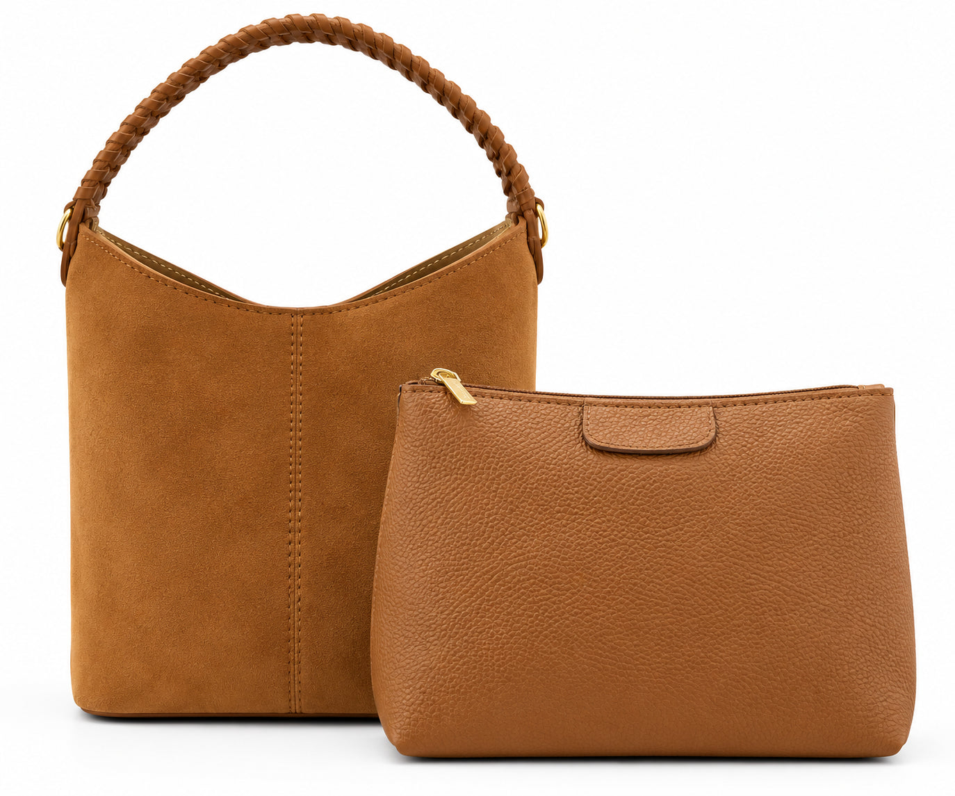 Borsa Vera Pelle in Camoscio Cuoio con Manico Intrecciato, Tracolla e Pochette