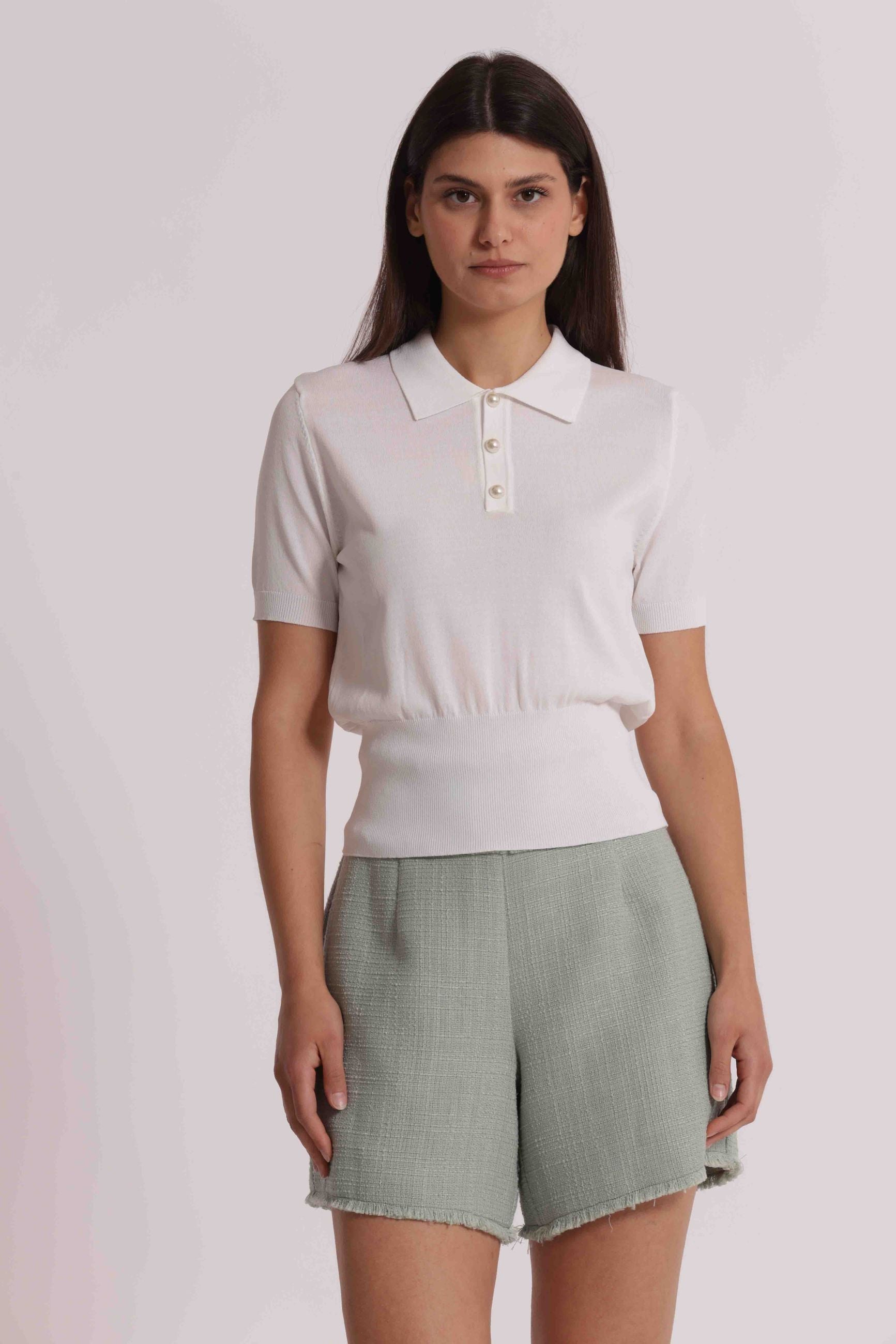 Polo donna Mimi Mua manica corta con colletto e chiusura a bottoni elegante PANNA S | Giò Fashion
