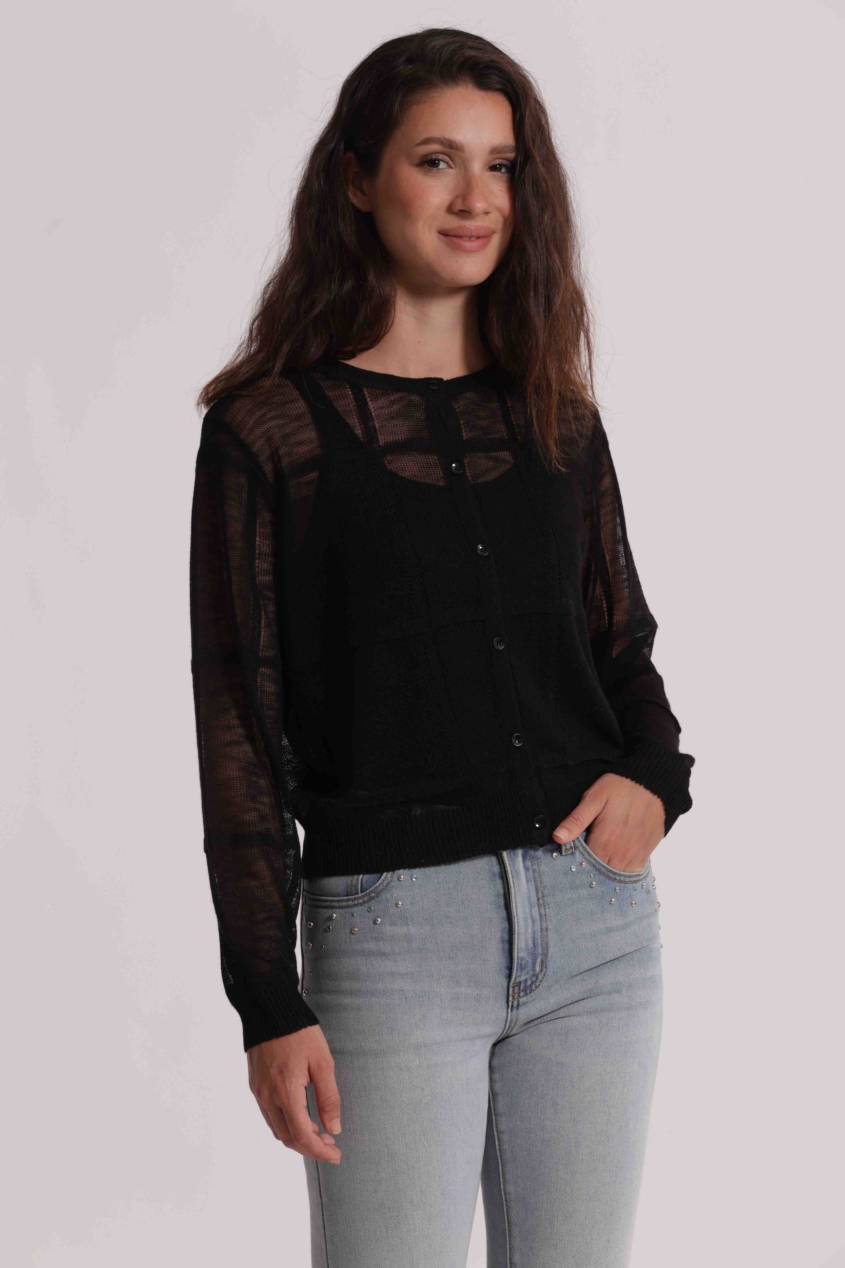 Mimi Mua cardigan donna in maglia trasparente con bottoni elegante Nero S | Giò Fashion