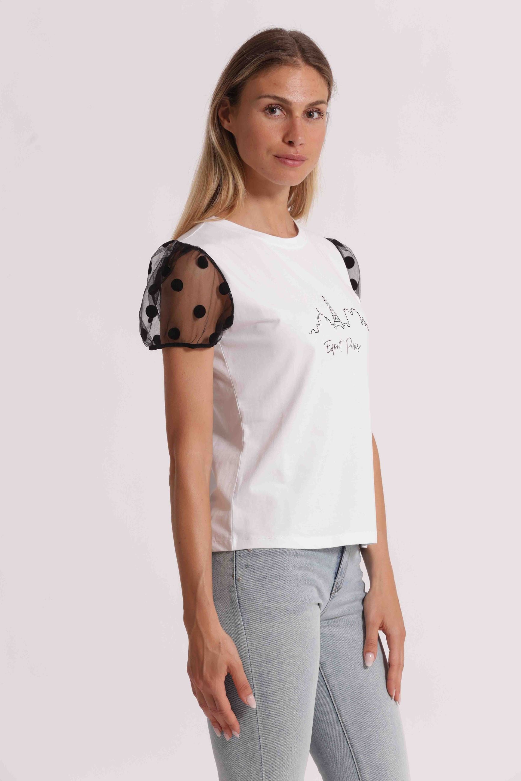 T-shirt donna Mimi Mua con maniche in tulle e stampa frontale stile romantico Bianco S | Giò Fashion