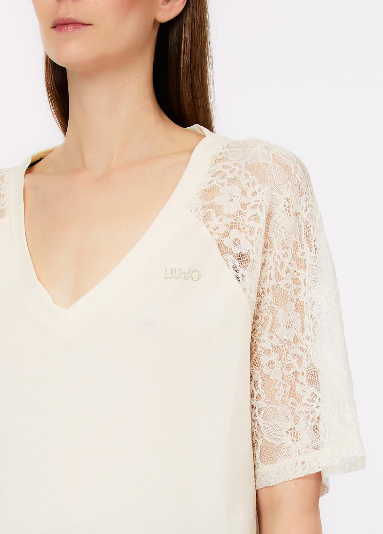 T shirt Liu Jo donna con scollo a V e maniche in pizzo Bianca L | Giò Fashion