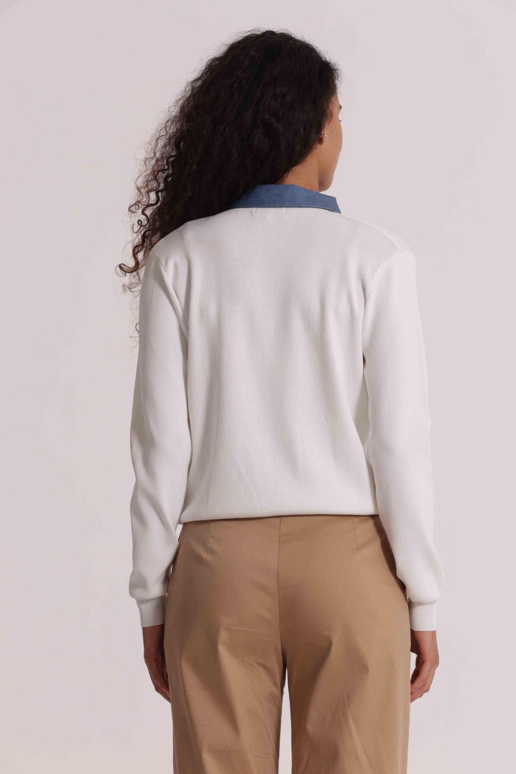 Maglia donna Mimi Mua stile polo manica lunga con colletto a contrasto PANNA S | Giò Fashion