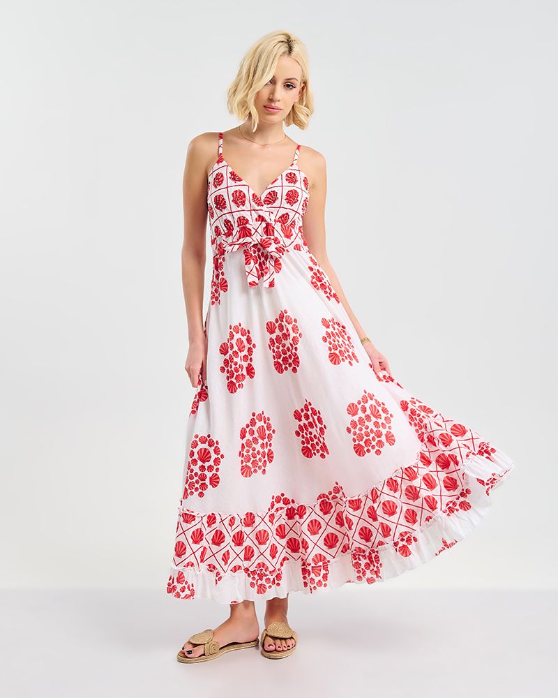 Ble Resort Collection Abito Lungo con Spallini con Conchiglie Rosse
